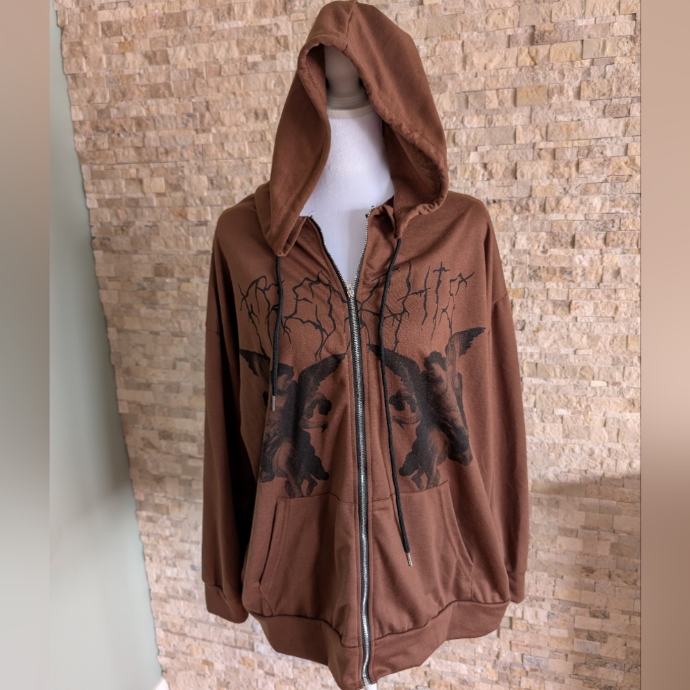 Y2K Frenchie Dark Angel Cherub Graphic Brown Full Zip Streetwear Hoodie Sz M